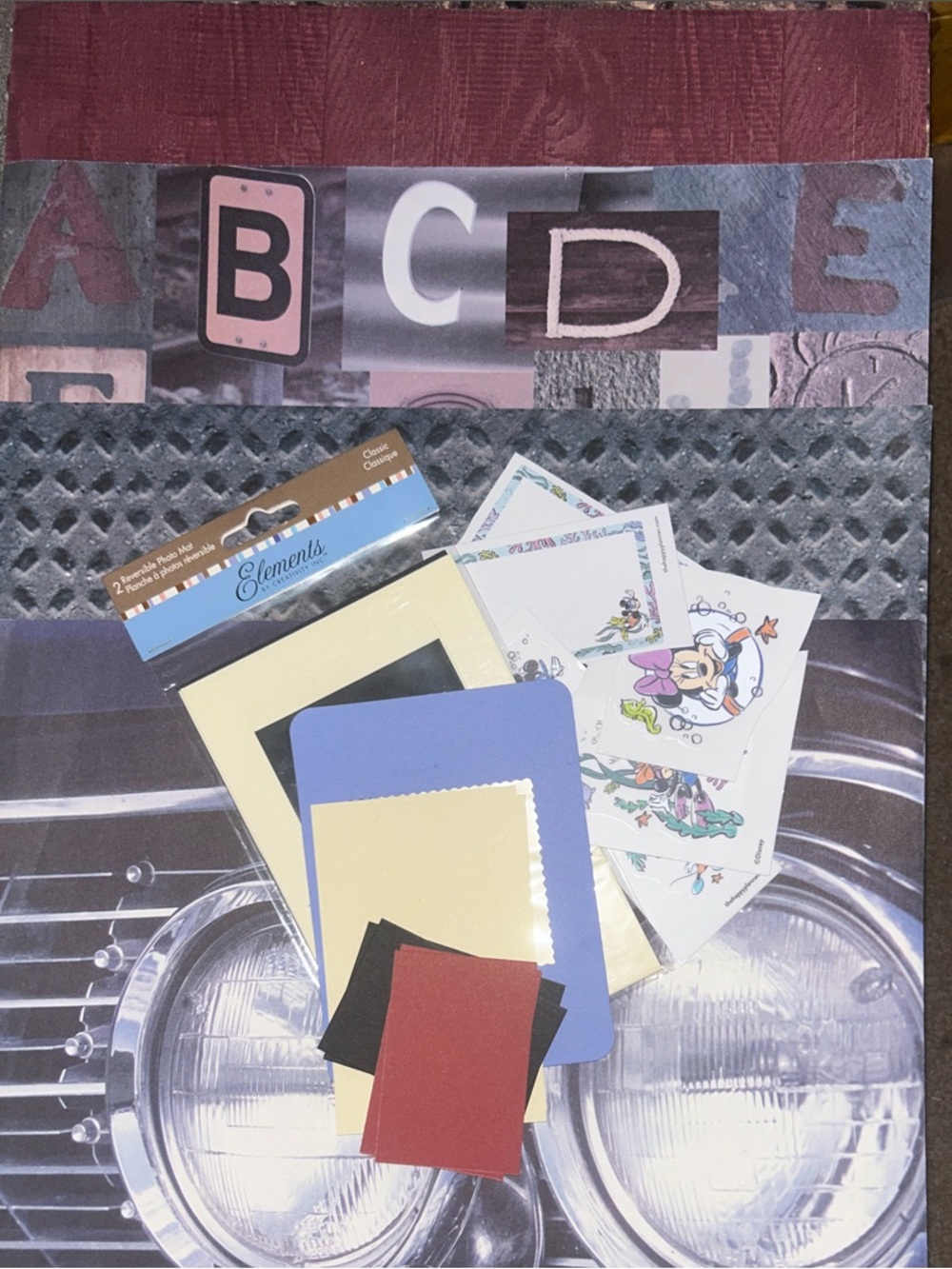 Loose Scrapbook Paper Assortment in Burgundy, Blue, Cream, Black, Red. 50s car,